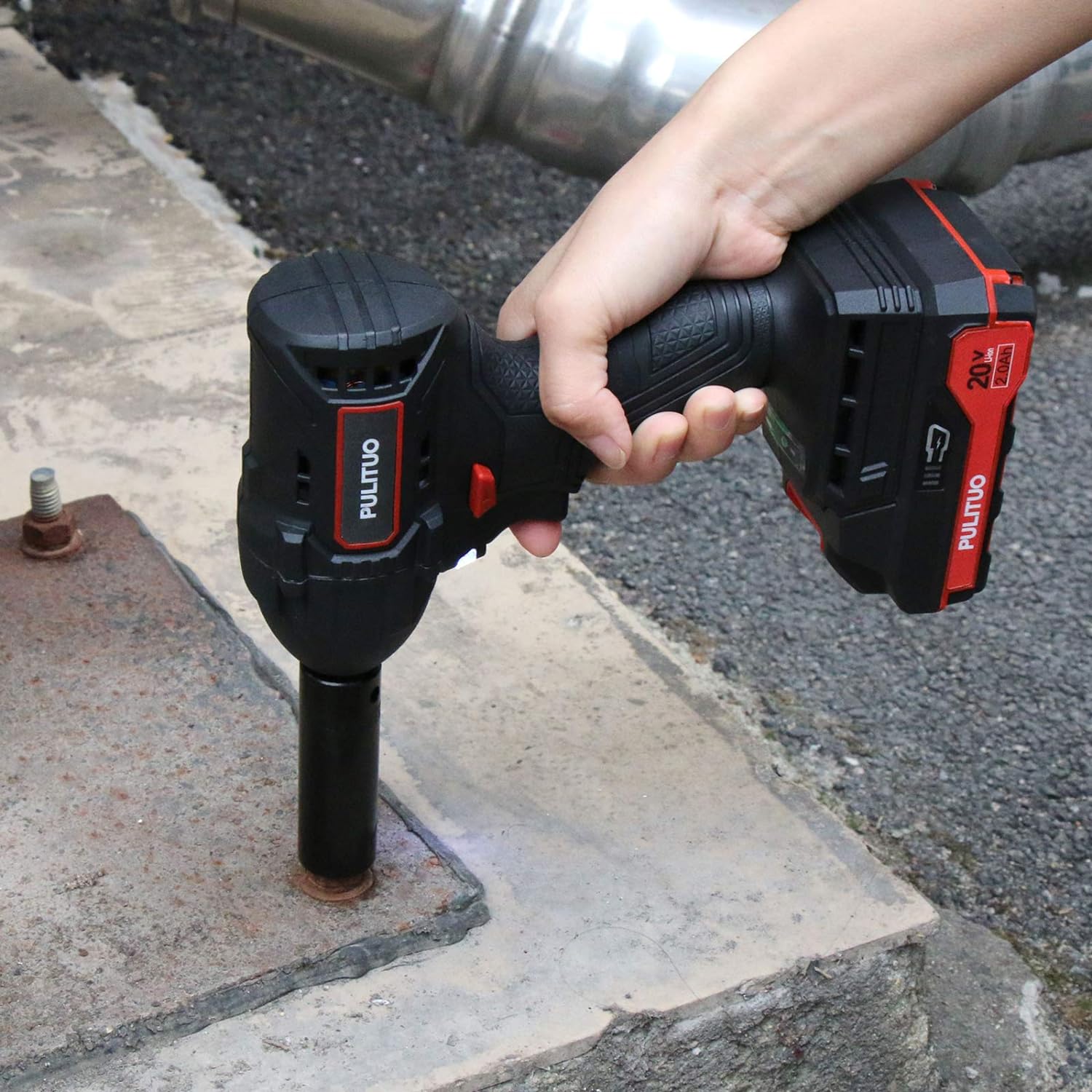 PULITUO Impact Wrench 1/2 Inch Chuck,  20V Brushless Cordless Impact Wrench with 2.0Ah Li-Ion Battery and Charger, Max Torque 400N.m, 4