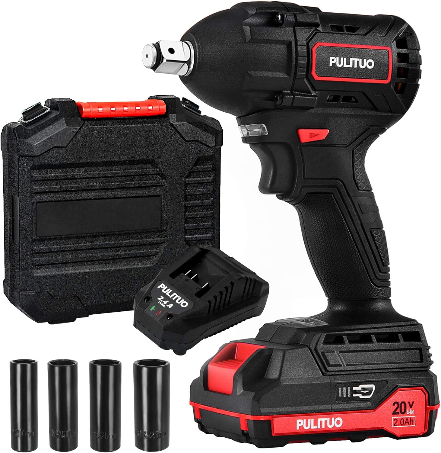 PULITUO Impact Wrench 1/2 Inch Chuck,  20V Brushless Cordless Impact Wrench with 2.0Ah Li-Ion Battery and Charger, Max Torque 400N.m, 4