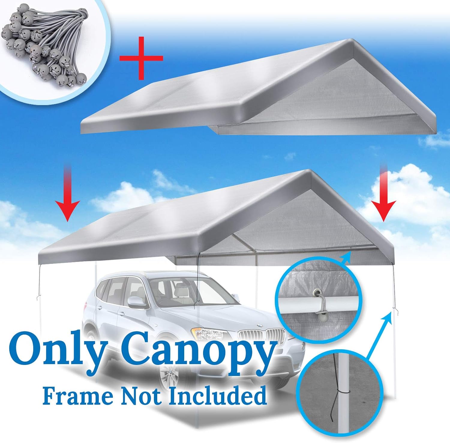 Benefit-USA BenefitUSA Canopy ONLY 10'x20' Carport Replacement Canopy Outdoor Tent Garage Top Tarp Shelter Cover w Ball Bungees (Silver)
