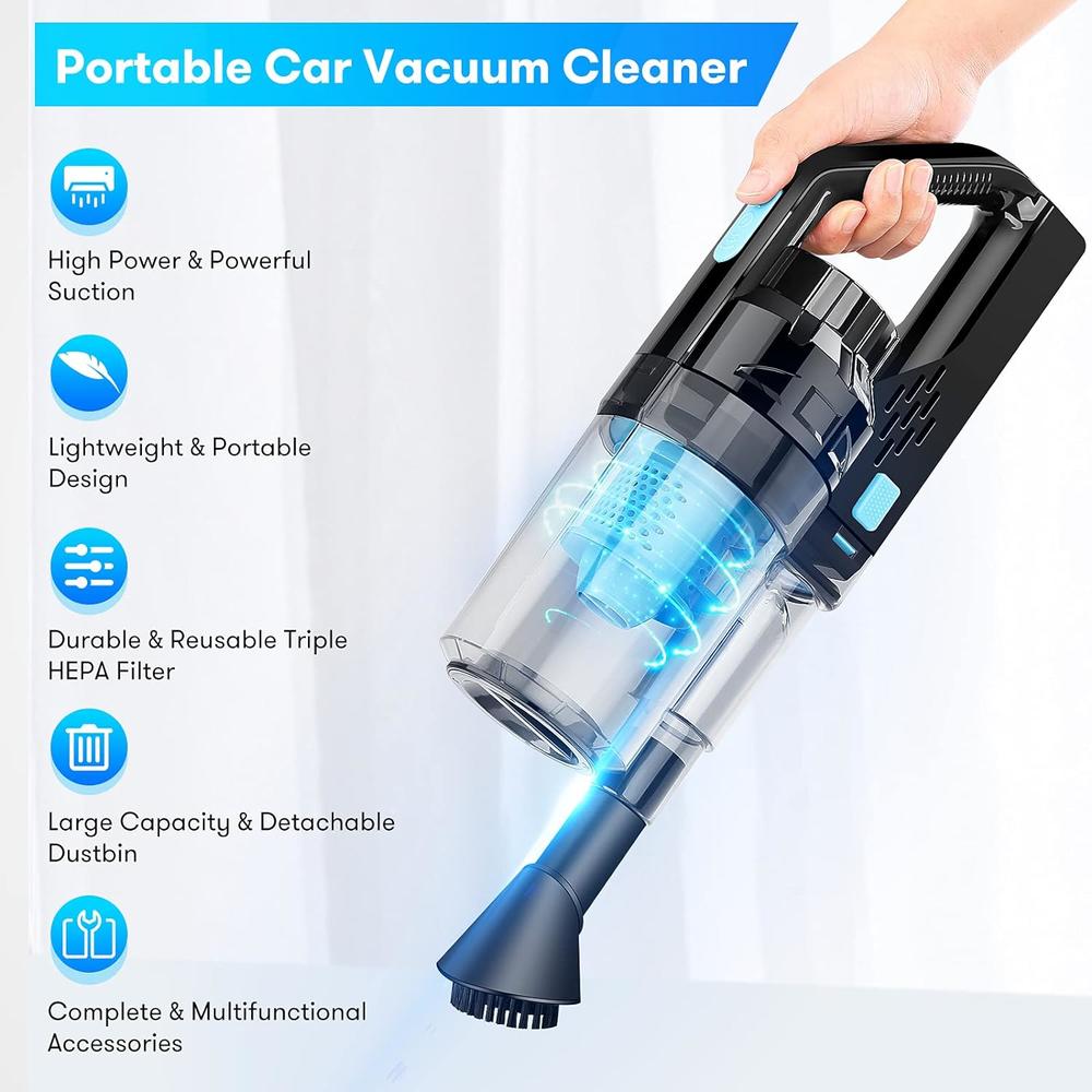 Baucatlan Car Vacuum with Powerful Suction, Portable Car Vacuum Cleaner with 16.4 Ft Corded, 12V/150W/7500PA, Car Cleaning Kit with Three