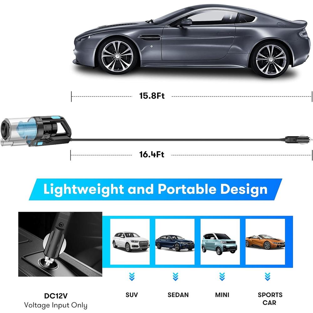 Baucatlan Car Vacuum with Powerful Suction, Portable Car Vacuum Cleaner with 16.4 Ft Corded, 12V/150W/7500PA, Car Cleaning Kit with Three
