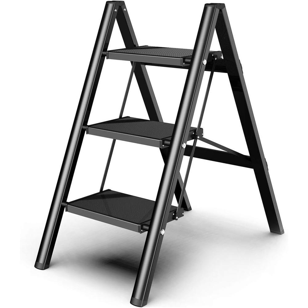 Eriding 3 Steps Stool Ladder Black Aluminum Lightweight Folding with Anti-Slip and Wide Pedal for Home and Kitchen Space Saving