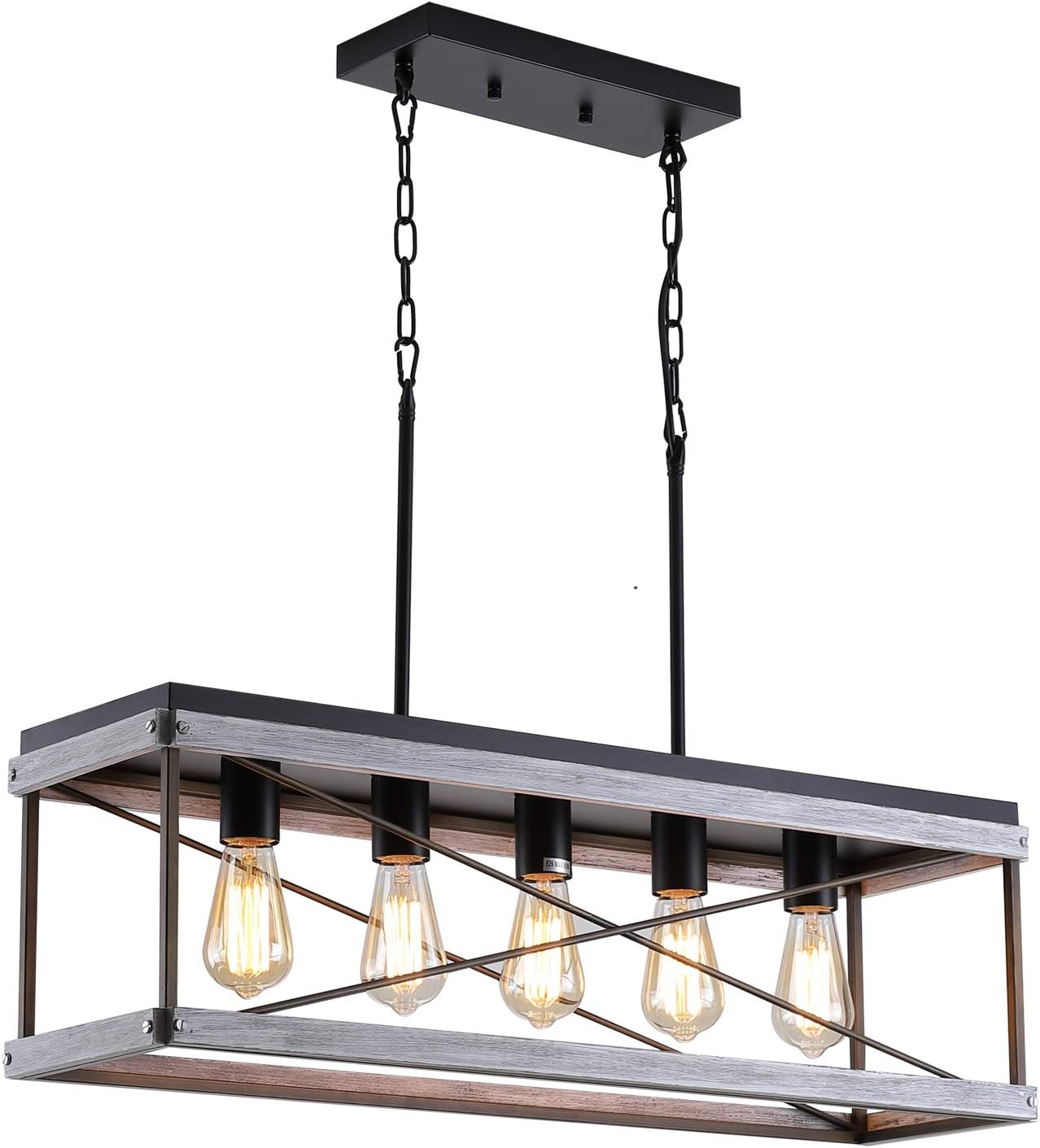 Fivess Lighting Rustic Farmhouse Kitchen Island Light, Wood and Metal  Linear Chandelier, 5-Light Pendant Lighting Fixture for Kitchen Island Di