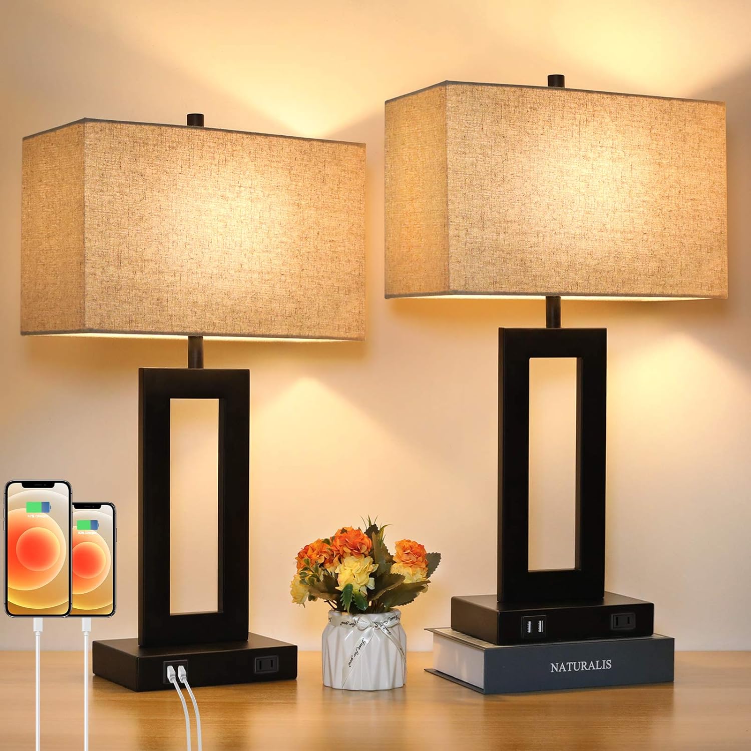 Dimmable Modern Nightstand Lamp Sets, Table Lamp Set With Usb