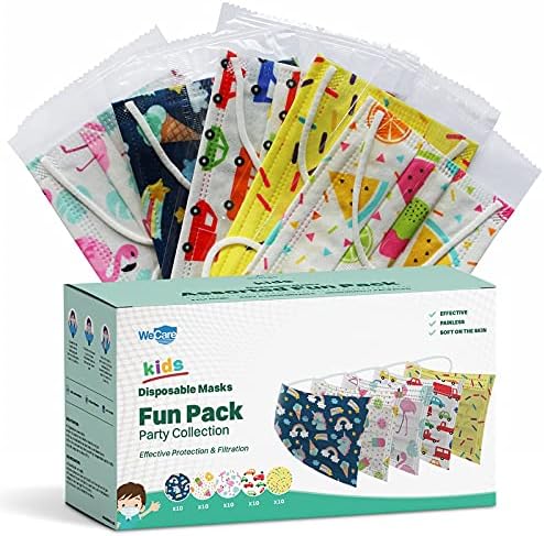Generic WeCare Disposable Face Masks For Kids, 50 Assorted Fun Variety Pack Printed Masks, Individually Wrapped