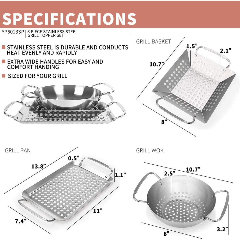 Extreme Salmon 3-Piece Mini Small Grill Topper Set, Heavy Duty Stainless Steel BBQ Grill Wok Grill Basket Grill Pan Set Grill Accessories Perf