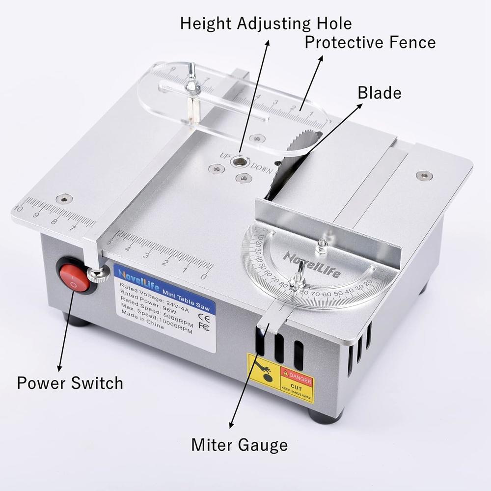 NovelLife Mini Hobby Table Saw Handmade Woodworking Bench Saw DIY Model Crafts Cutting Tool with Adjustable Power Supply 63mm H