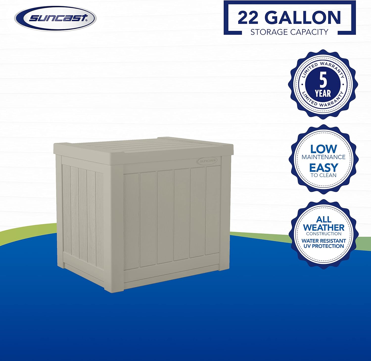 Suncast 22-Gallon Small Deck Box - Lightweight Resin Indoor/Outdoor Storage Container and Seat for Patio Cushions and Gardening Tools -