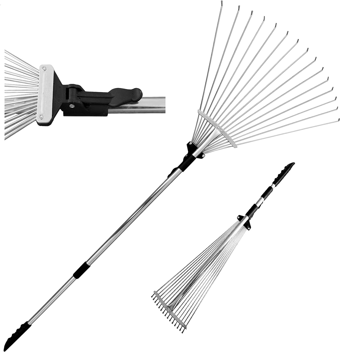 Tabor Tools J16A Telescopic Metal Rake, 63 Inch Adjustable Folding Leaves Rake for Quick Clean Up of Lawn and Yard, Garden Leaf Rake, Expan
