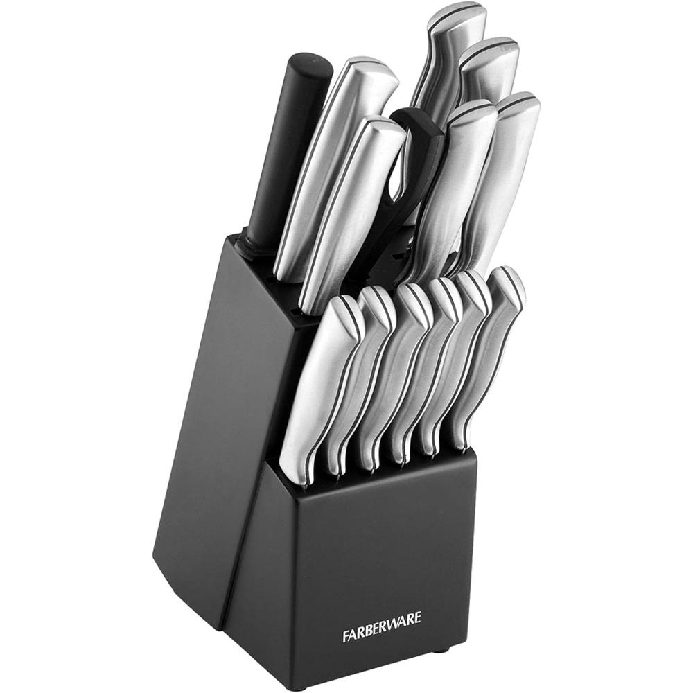 Lifetime Brands Farberware Stamped 15-Piece High-Carbon Stainless Steel Knife Block Set, Steak Knives, Black