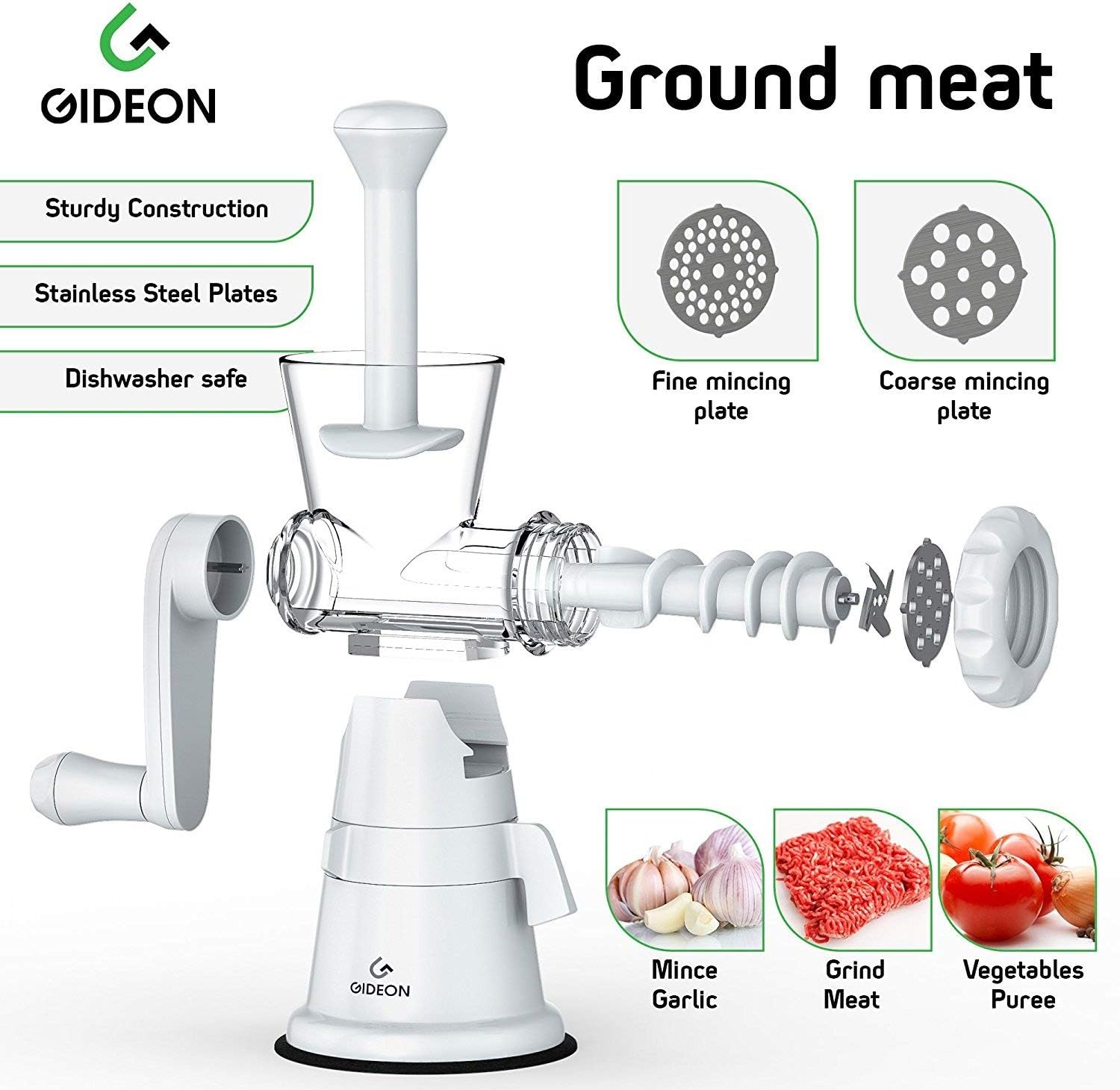 GIDEON Hand Crank Manual Meat Grinder Heavy Duty Stainless Steel Blades with Powerful Suction Base Effortlessly Grind Meat, Vegetables