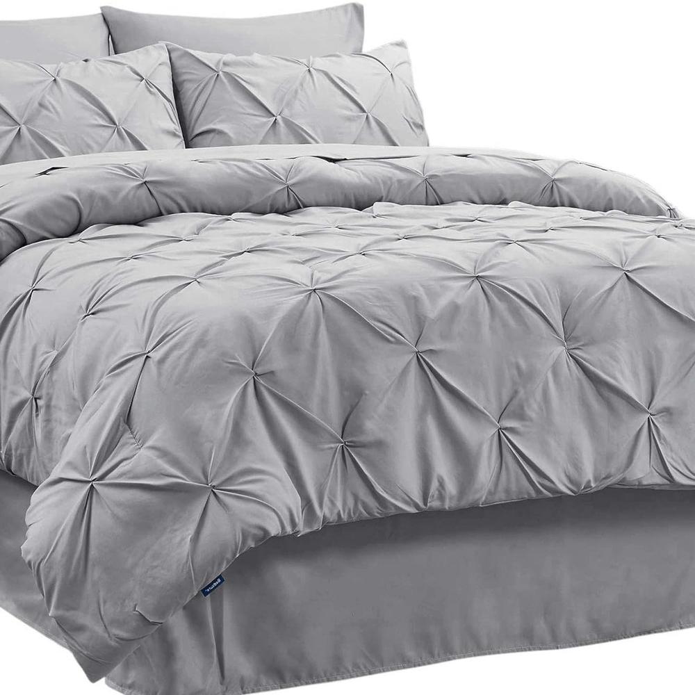 Bedshe Bedsure Queen Comforter Set 8 Pieces - Pintuck Queen Bed Set, Bed in A Bag Grey Queen Size with Comforters, Sheets, Pillowcases