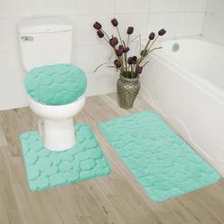 Luxury Home Collection 3 Piece Stone Embossed Solid Color Memory Foam Soft Bathroom Rug Set Non-Slip with Rubber Backing (Aqua Blue)