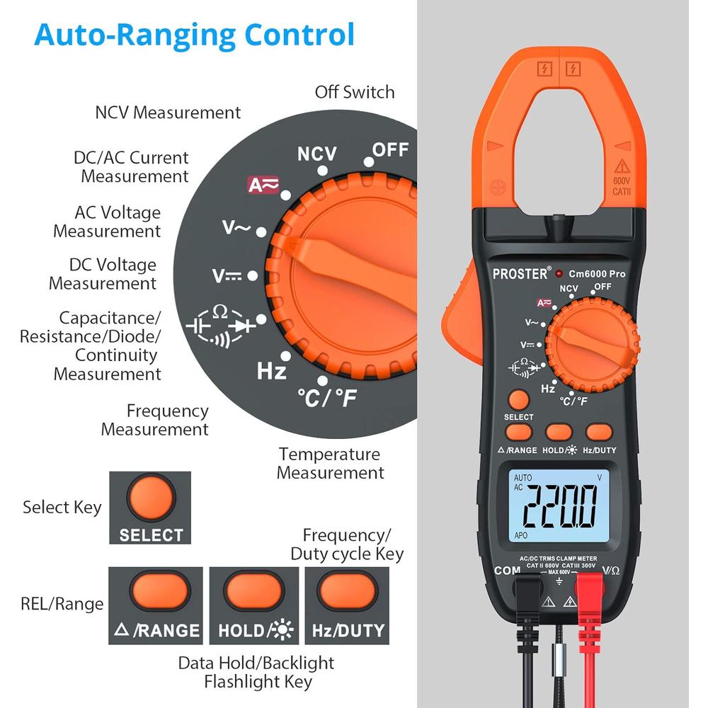 Proster Trading Limited Proster 6000 Counts Clamp Multimeter Digital Auto-Ranging Tester AC DC Current Voltage Clamp Meter with Temperature NCV TRMS Co