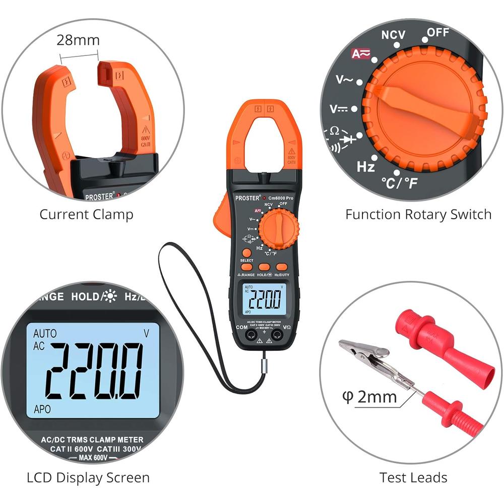 Proster Trading Limited Proster 6000 Counts Clamp Multimeter Digital Auto-Ranging Tester AC DC Current Voltage Clamp Meter with Temperature NCV TRMS Co
