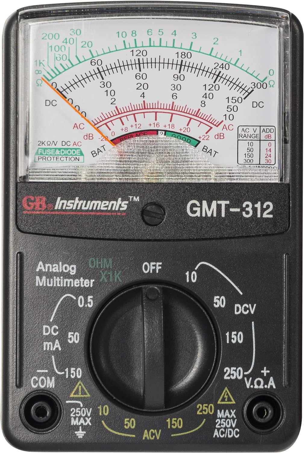 GB&reg; Electrical Gardner Bender GMT-312 Analog Multimeter, 5 Function / 12 Range, 300V AC/DC, for AC / DC Voltage