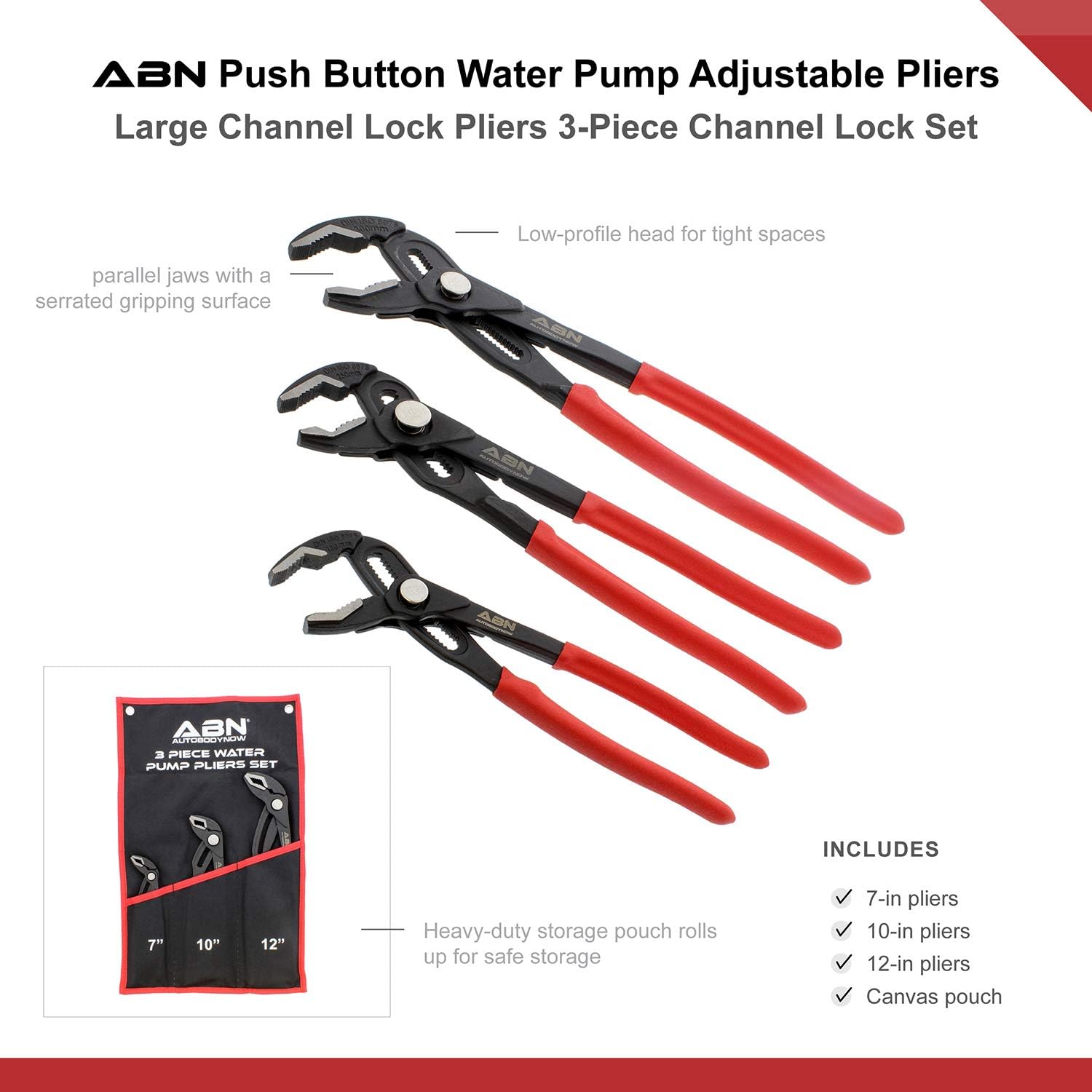 Generic ABN Push Button Water Pump Pliers Adjustable Pliers, Large Channel Lock Pliers 3-Piece Channel Lock Set 7, 10, 12 Inch