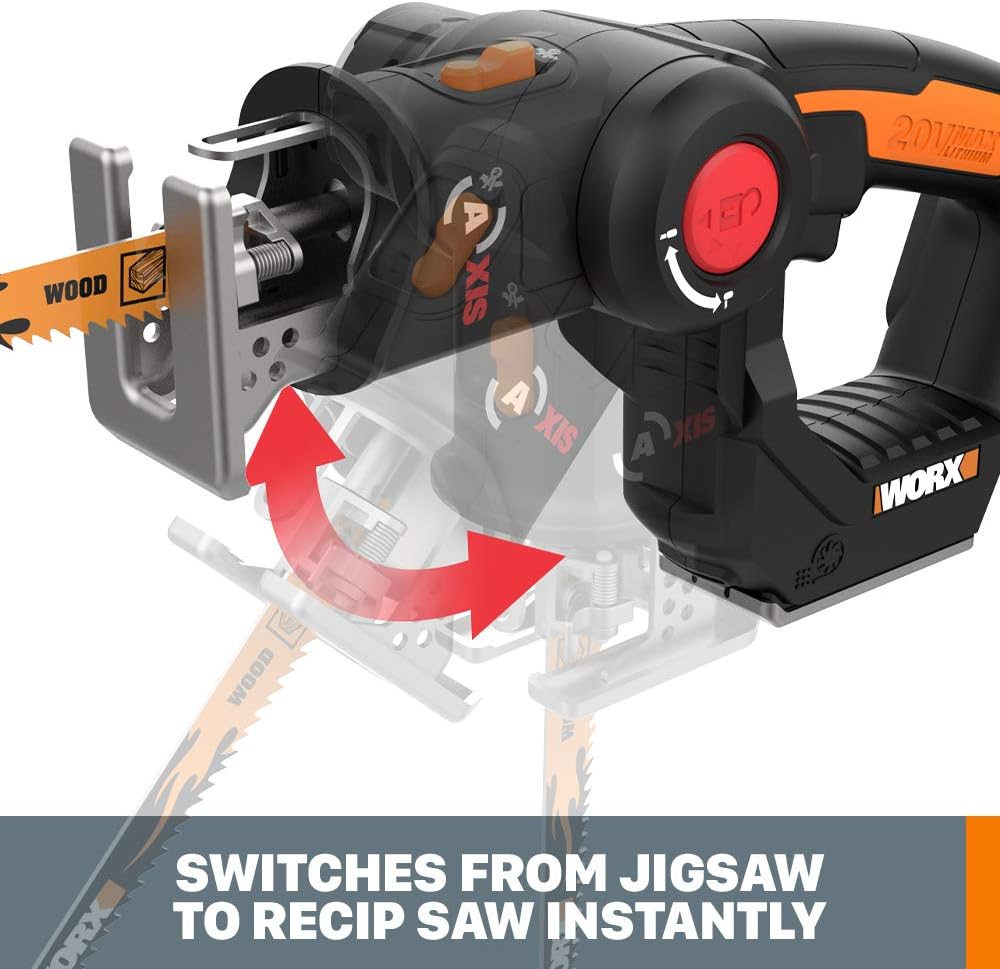 Worx WX550L 20V AXIS 2-in-1 Reciprocating Saw and Jigsaw with Orbital Mode, Variable Speed and Tool-Free Blade Change