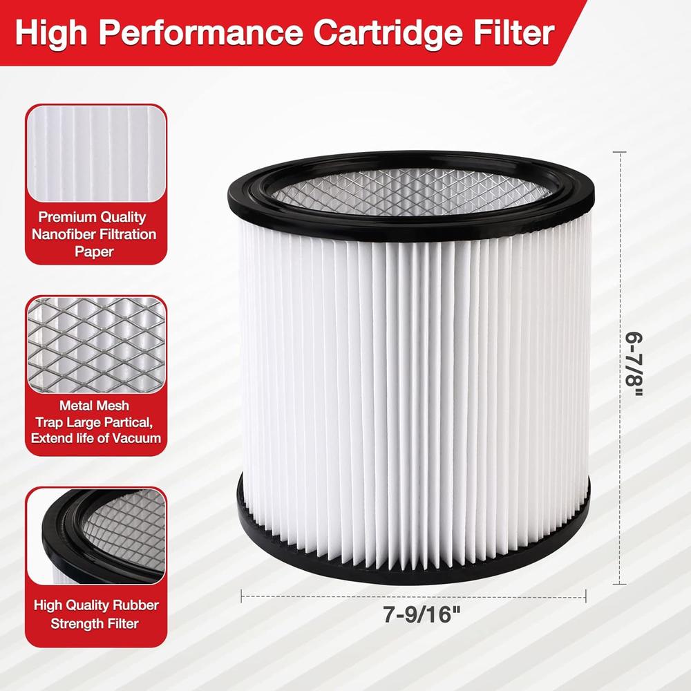 Shop-Vac High Performance 90304/90344 Cartridge Filter, Fits most 4-16 Gallon  Wet/Dry Vacuums, High Efficiency Nanofiber Filtration Pap