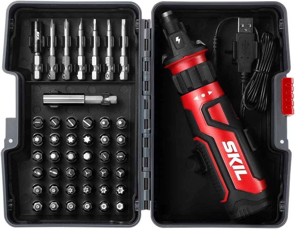 SKIL Rechargeable 4V Cordless Screwdriver with Circuit Sensor Technology Includes 45pcs Bit Set, USB Charging Cable, Carrying C