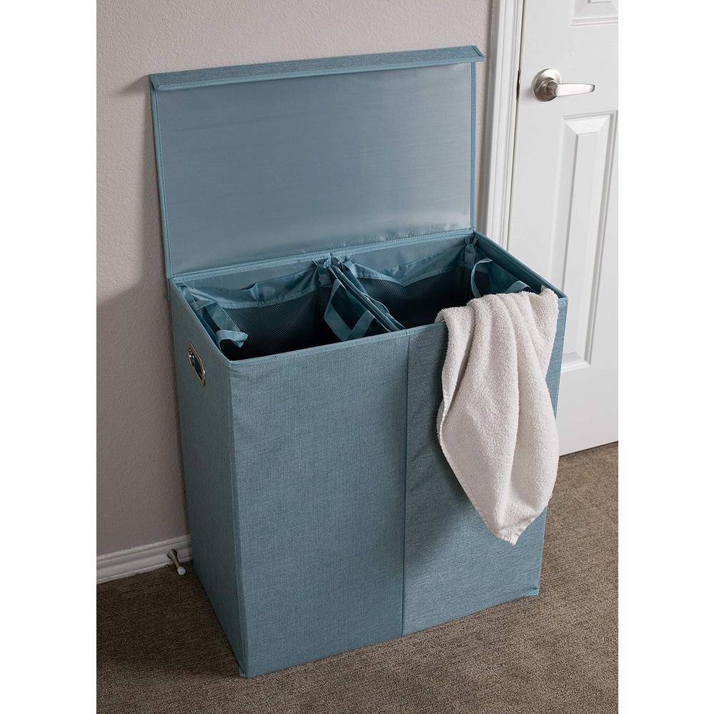 BirdRock Home Double Laundry Hamper with Lid and Removable Liners - Light Blue - Linen - Easily Transport Laundry - Foldable Hamper - Cut Out