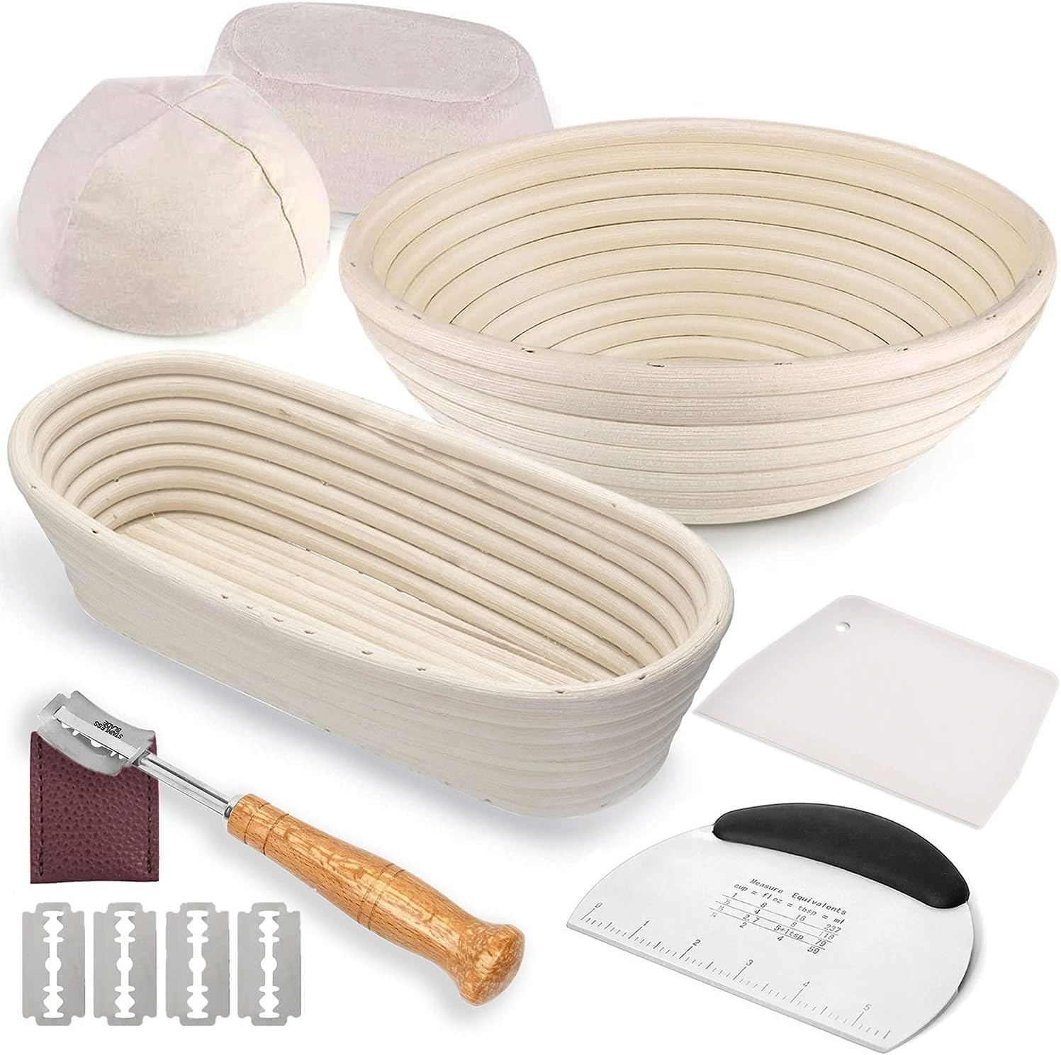 Bread Art Bread Proofing Basket set - A complete banneton basket kit of 9 Inch Round and 10 Inich Oval Banneton Proofing Baskets with Clo