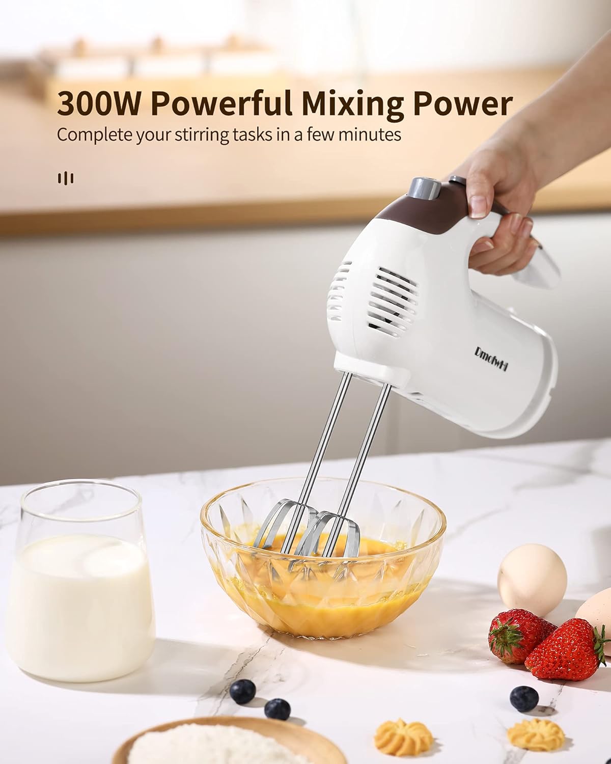 FeiweiHome DmofwHi 5 Speed Hand Mixer Electric, 300W Ultra Power Kitchen Hand Mixers with 6 Stainless Steel Attachments (2 Wired Beaters,2
