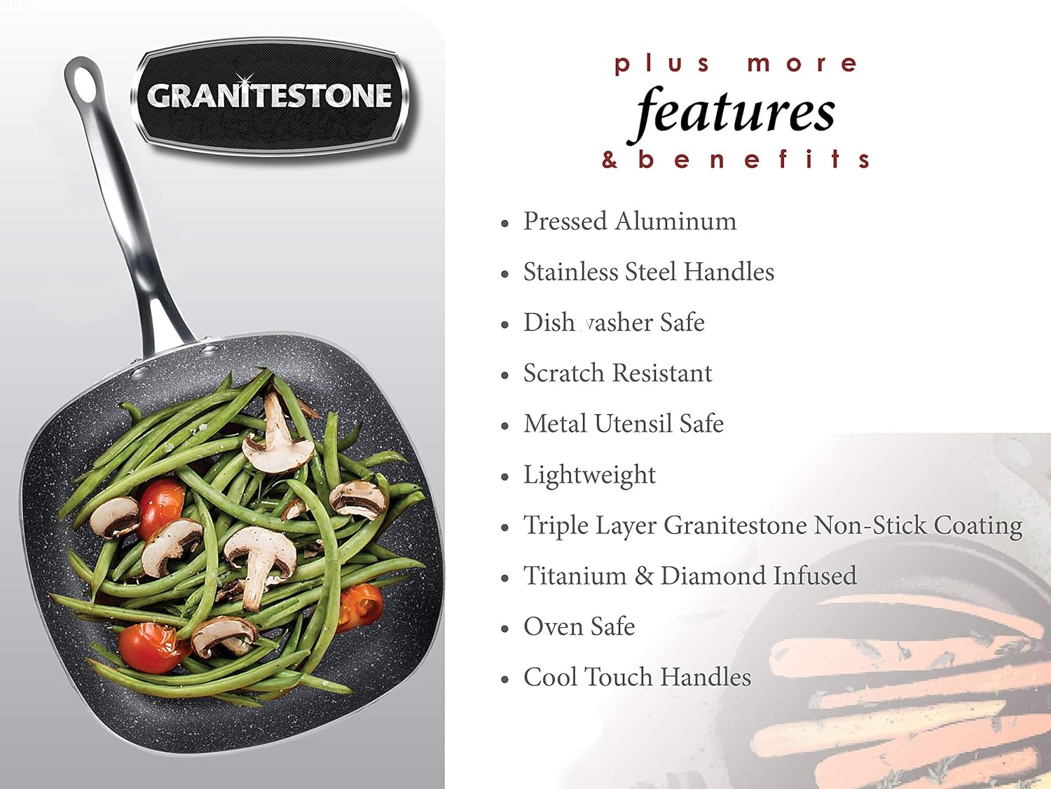 Emson GRANITESTONE 11 Inch Shallow Square Frying Pan Nonstick Skillet Scratchproof Fry Pans Diamond Infused Coating No-warp Mineral-e