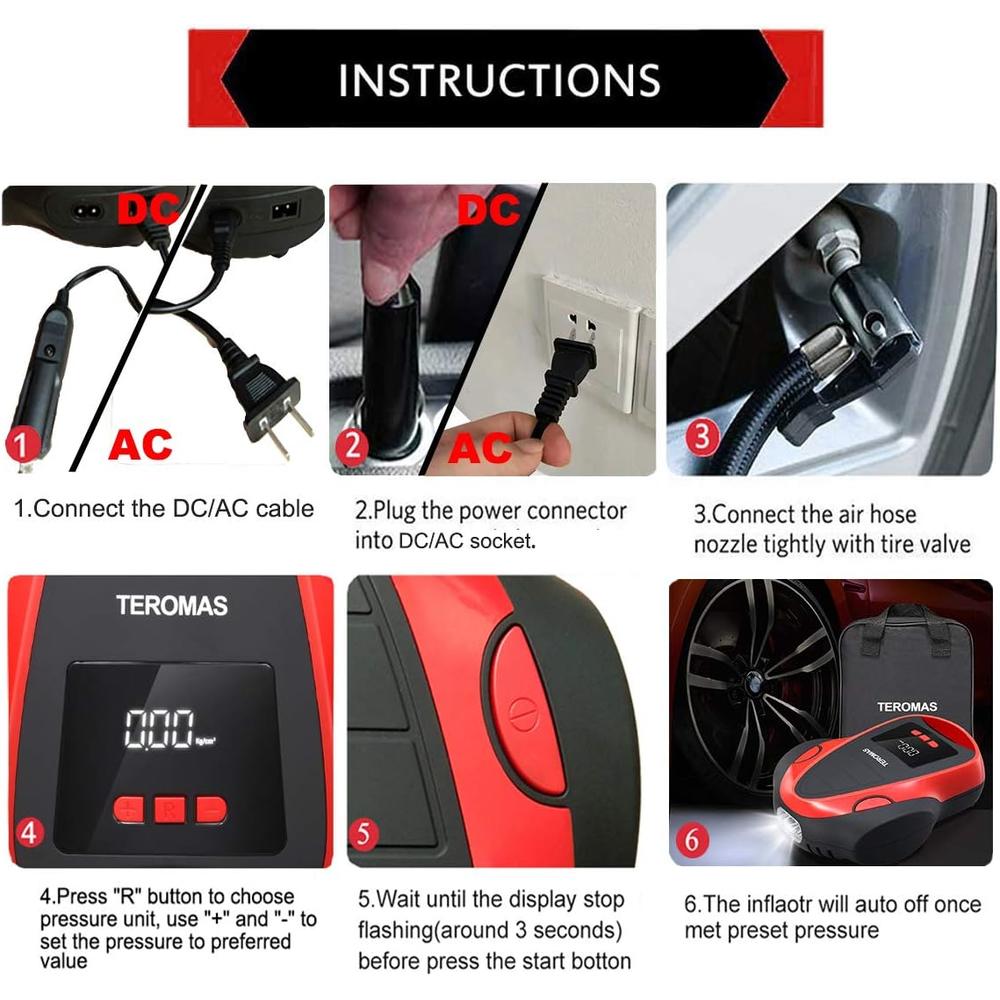 TEROMAS Tire Inflator Air Compressor, Portable DC/AC Air Pump for Car Tires 12V DC and Other Inflatables at Home 110V AC, Digital Elect