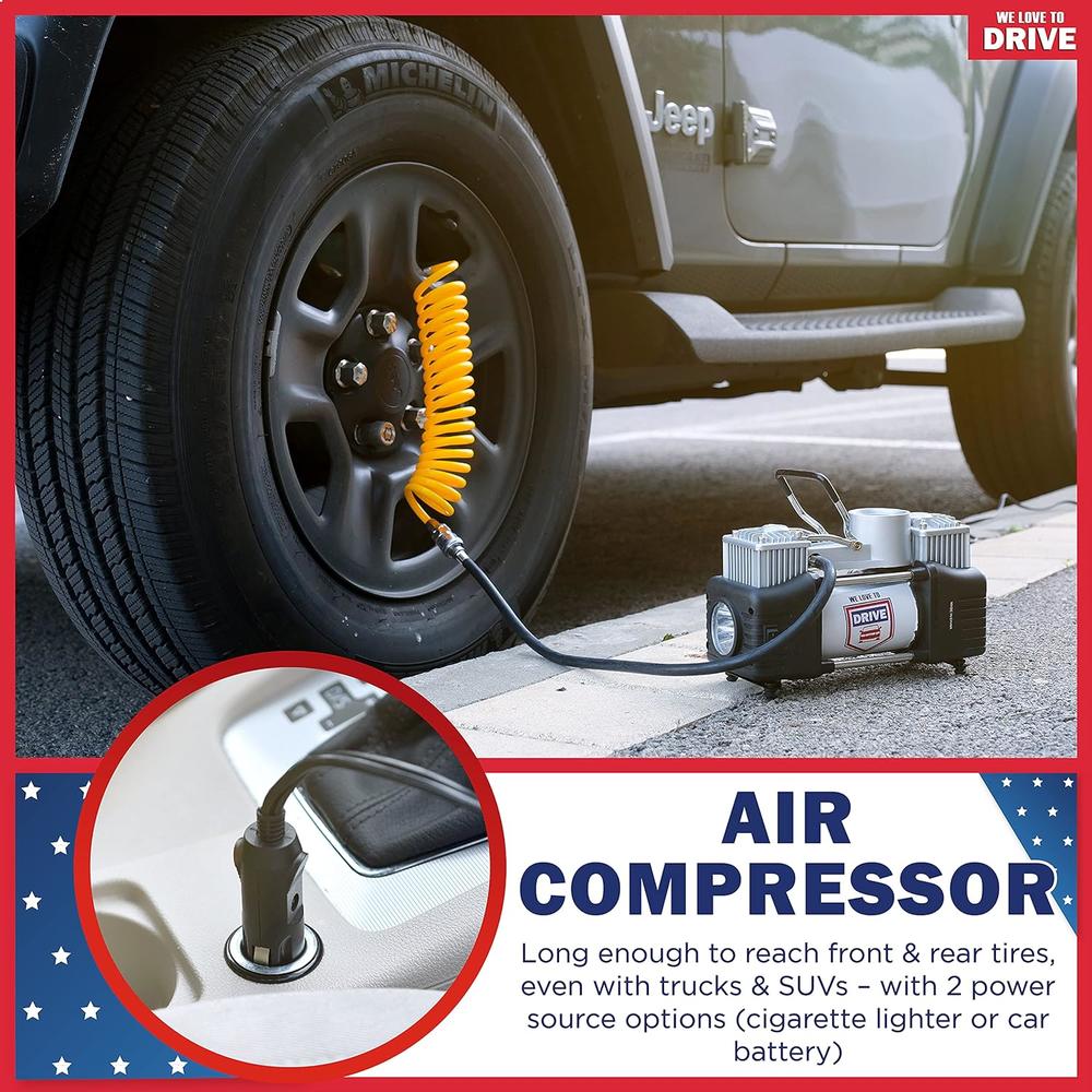 WE LOVE TO DRIVE Portable Air Compressor Tire Inflator with Tire Repair Kit - 12V DC Air Pump for Car Tires with 150 PSI Gauge