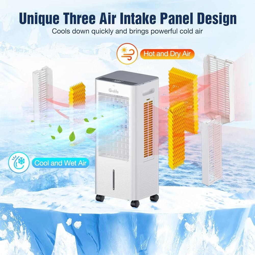 GRELIFE Evaporative Air Cooler, Portable Cooling Fan with 75&#194;&#176; Oscillating, Humidifying, 1.58Gal Water Tank, 4 Ice Pa