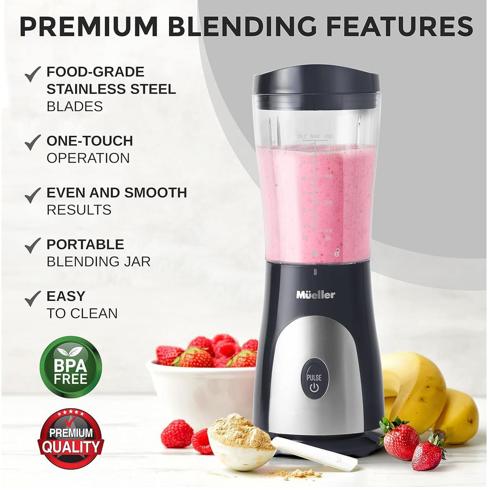 Mueller Austria Mueller Ultra Bullet Personal Blender for Shakes and Smoothies with 15 Oz Travel Cup and Lid, Juices, Baby Food, Heavy-Duty Por