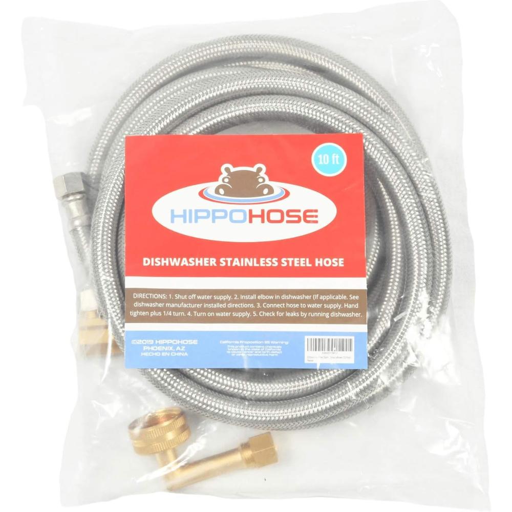 Hippohose Dishwasher Water Hose Kit (10ft) - Universal Fit to All Dishwasher Brands - Lead Free Braided SS Dishwasher Water Supply Line -