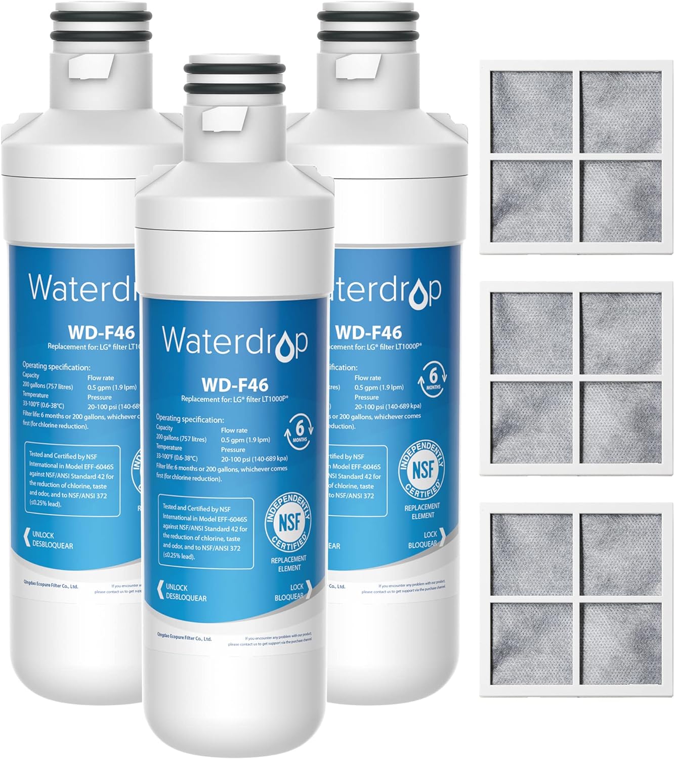 Waterdrop LT1000PC ADQ747935 MDJ64844601 Refrigerator Water Filter and Air Filter, Replacement for LG&#194;® LT1000P&#19