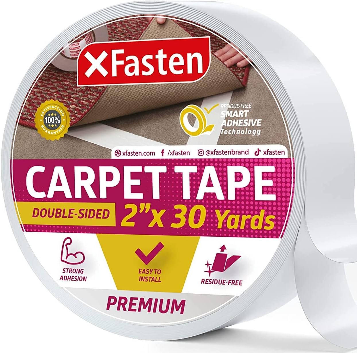 XFasten Double Sided Carpet Tape for Hardwood Floors 2-Inch x 30 Yards Carpet Tape Double Sided for Area Rugs, Residue-Free Rug Tape Ha