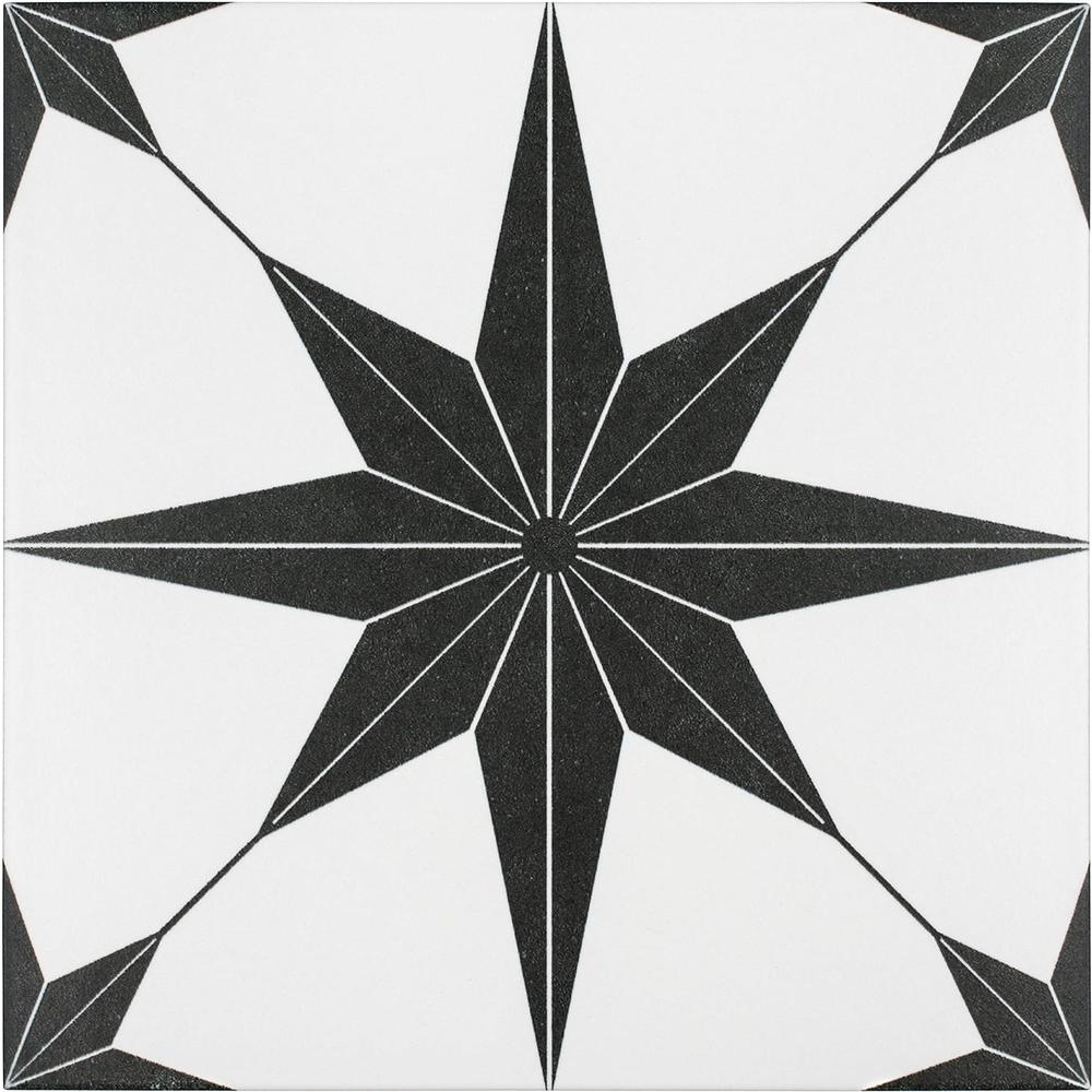SOMERTILE Stella Nero Encaustic 9-3/4" x 9-3/4" Porcelain Floor and Wall Tile, White