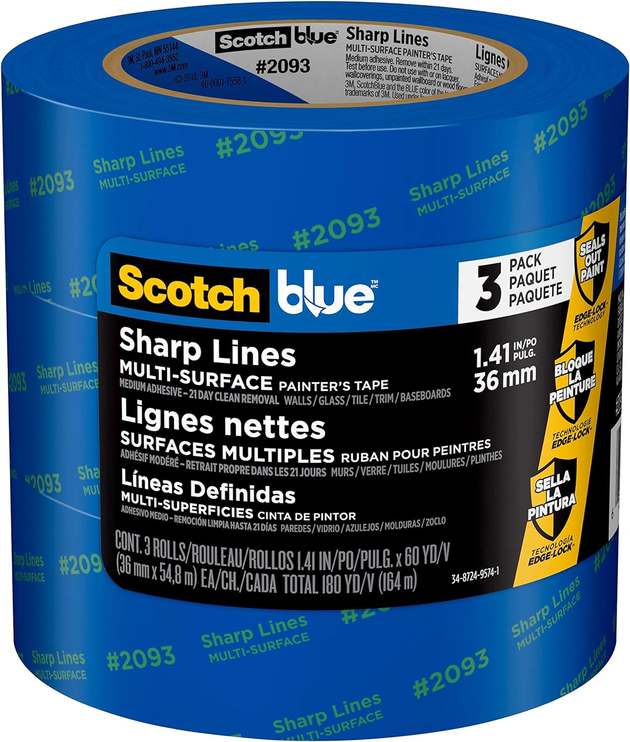 Scotch Painter's Tape ScotchBlue Sharp Lines Painter's Tape, 1.41 inch x 60 yard, 3 Rolls