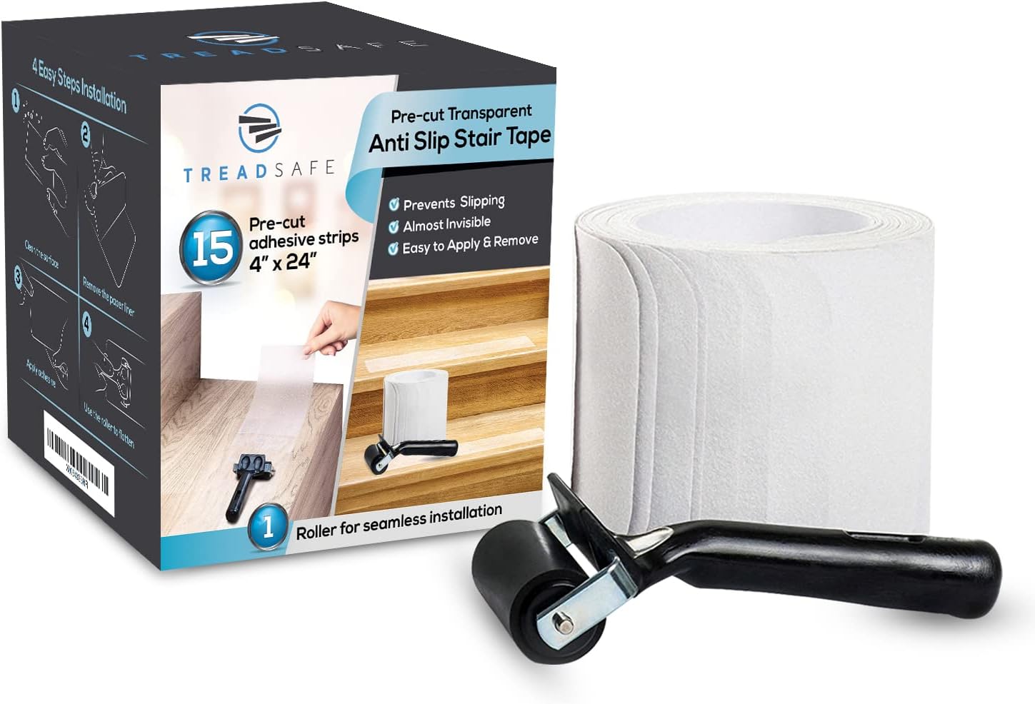 TreadSafe (10-Pack) Non-Slip Stair Treads Tape | Transparent Pre Cut Anti-Slip Grip Tape | Clear Anti-Slip Indoor Outdoor Strip