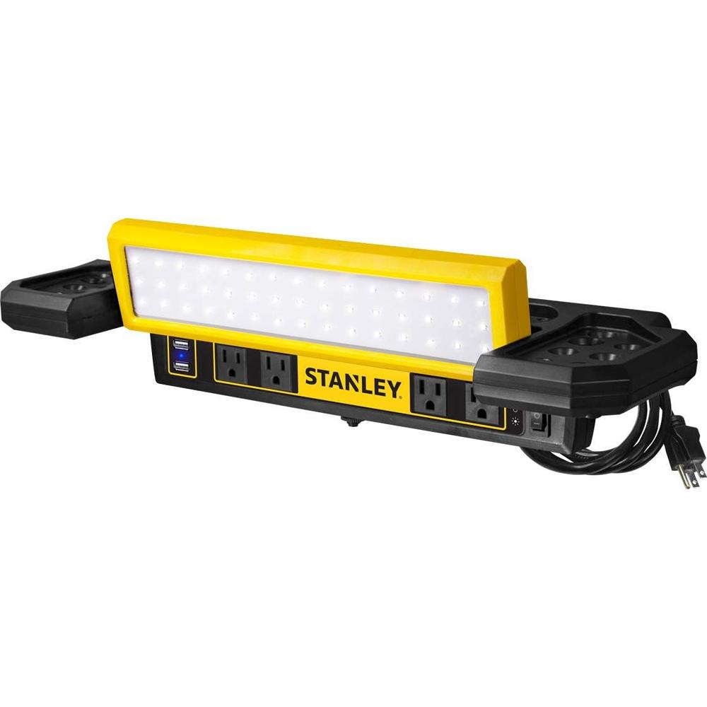 Stanley PSL1000S Adjustable 45 COB LED Workbench Light with AC Power Outlets, Dual 2.1 Amp USB Charging Ports, and Tool Storage