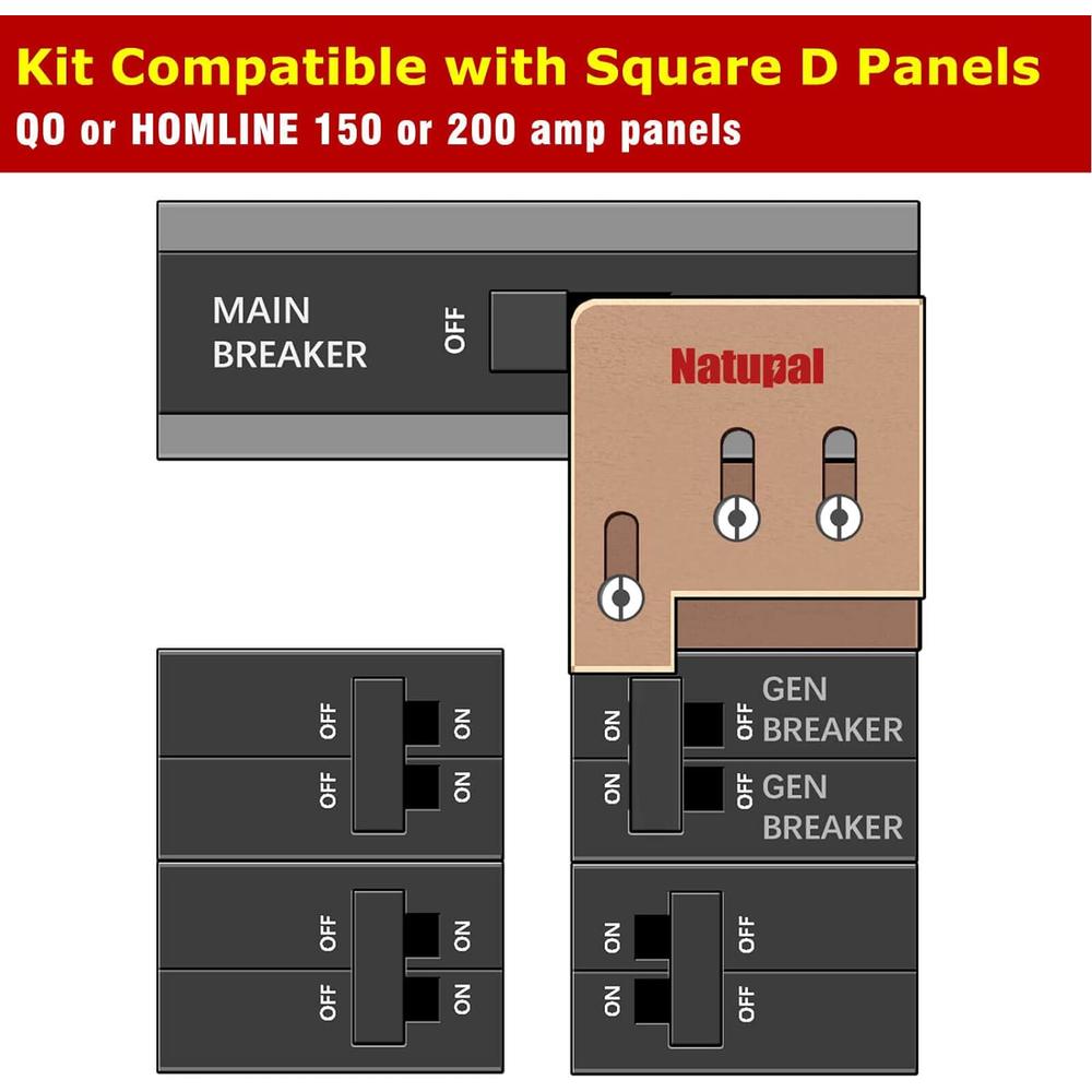 Areisal Generator Interlock Kit Compatible with Square D QO or Homeline 150 or 200 amp panels. 1 3/8 inches Spacing between main and ge
