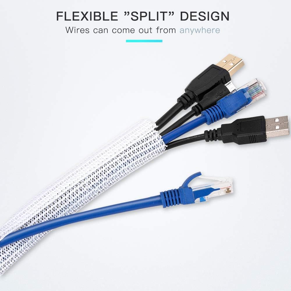 AGPtek 6.6ft - 2/3 inch White Cable Sleeve Cover,  Cord Protector Management Wire Loom Tubing Cable Hider Split Sleeving for Desk PC T