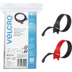 Velcro Cable Ties, 100Pk - 8 x 1/2" Red and Black, Reusable Alternative to Zip Ties, ONE-WRAP Thin Pre-Cut Cord Organization Stra