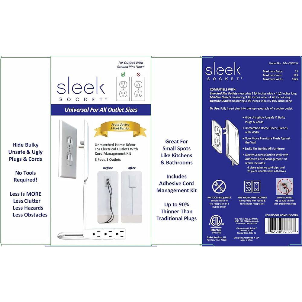 Socket Solutions, LLC Sleek Socket Ultra-Thin Outlet Concealer with Cord Concealer Kit, 3 Outlet, 3-Foot Cord, Universal Size (Ideal for Kitchens