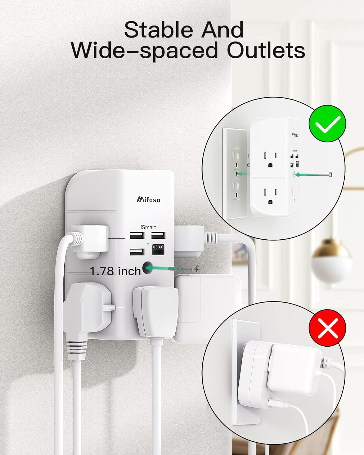 Mifaso Wall Outlet Extender with USB Ports Outlet Splitter Surge Protector USB Wall Charger with 5 Outlet Extender and 3 USB Ports 1 U