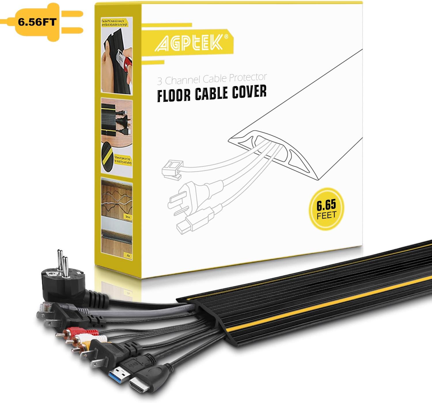AGPtek Floor Cable Cover, 6.5 Ft Floor Cord Protector 3 Channels Contains Cords, Cables and Wires, Perfect for Office, Home, Workshop,