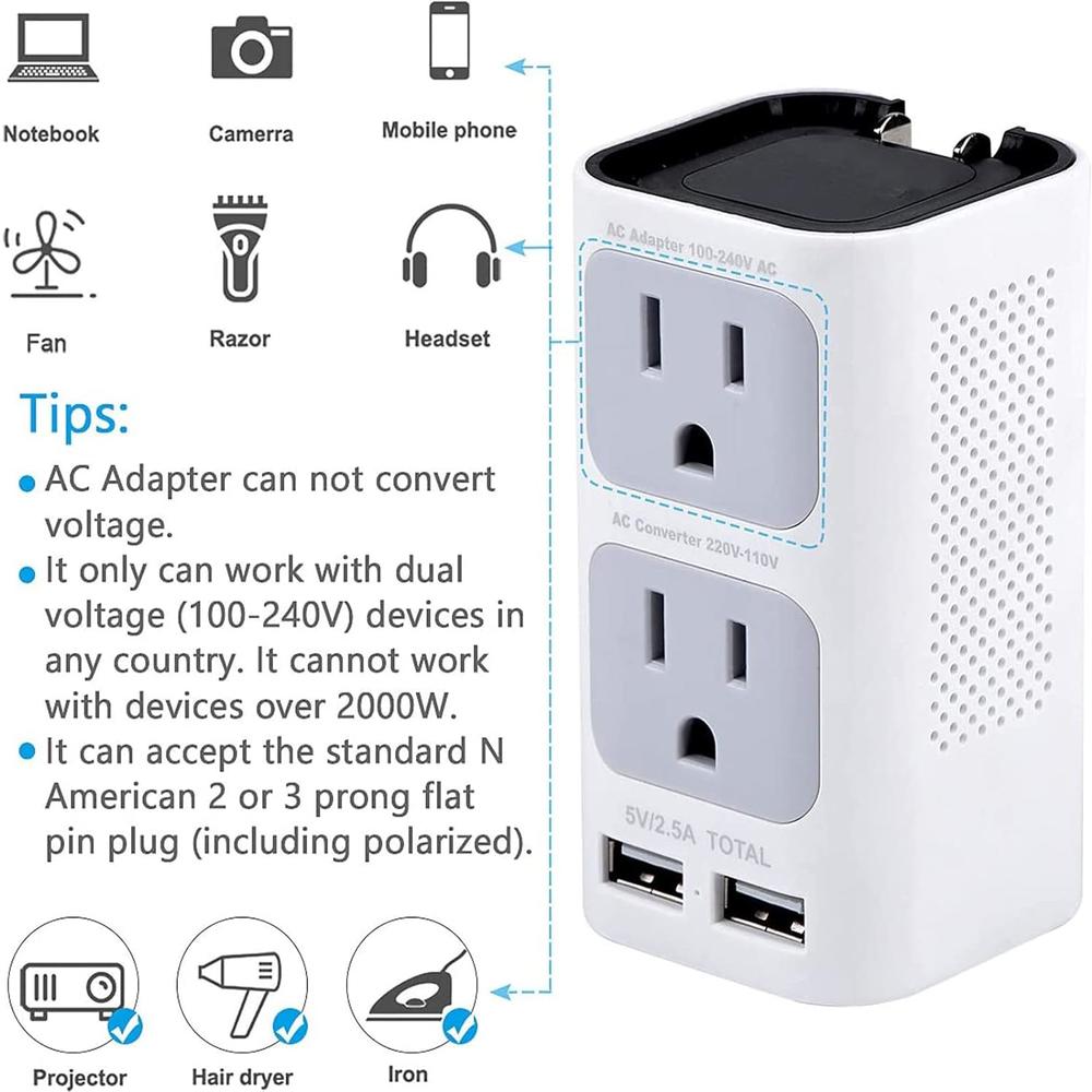 Mapambo 220V to 110V Voltage Converter Max Power 880W, 2000W Travel Adapter Global Power Adapter with 2 USB Ports and EU/UK/AU/US Plug