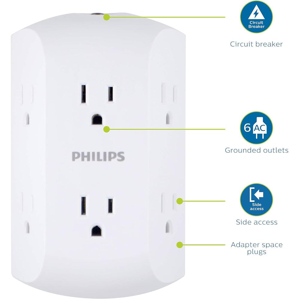 Philips Accessories 6-Outlet Extender, Resettable Circuit Breaker, Adapter Spaced Outlets, 3-Prong, Side Access, Grounded Wall Tap, Qui