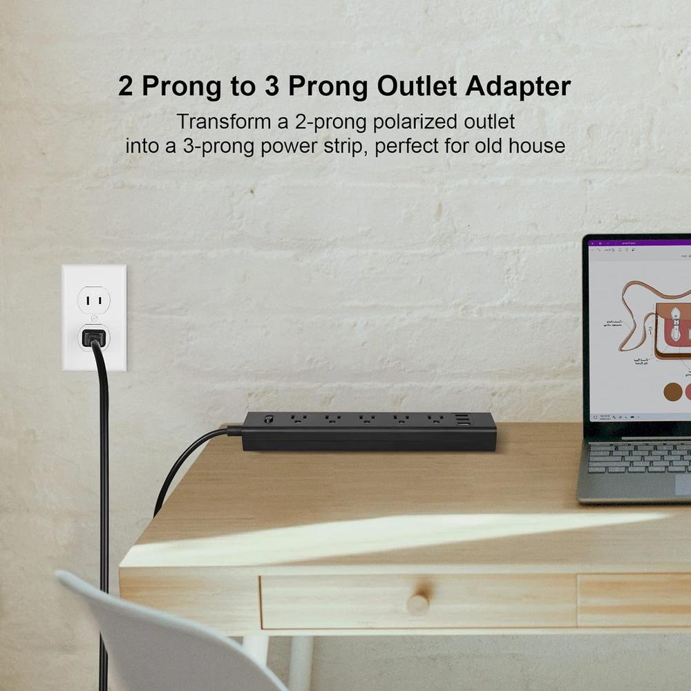 Wandofo 2 Prong to 3 Prong Outlet Adapter, Polarized 2 Prong Power Strip with 5V 3.1A USB, 5ft Long Extension Cord, 300J Surge Protecto