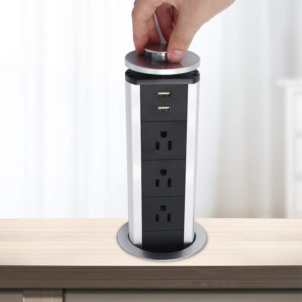 kungfuking Pulling Pop Up Outlet Socket Recessed Retractable Power Strip Charging Station with 3 US Plug and 2 USB Ports for Kitchen Count