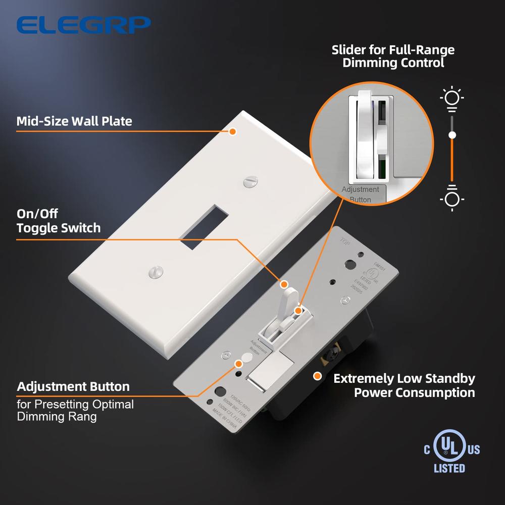 Generic ELEGRP Toggle Dimmer Switch for Dimmable LED, CFL and Incandescent Light Lamp Bulbs, Single Pole or 3-Way, Full Control with Pr